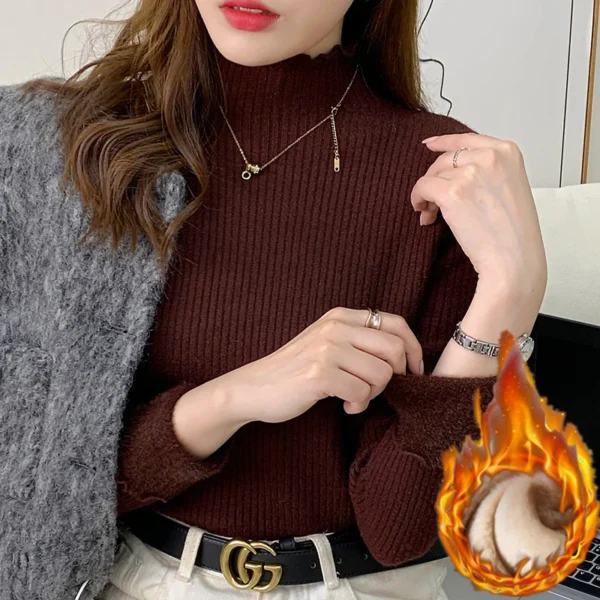 Winter Turtleneck Sweater Knitwear Women Elegant Thicken Velvet Lined Warm Sweaters Knitted Pullover Slim Tops Jersey Jumper New - Image 2