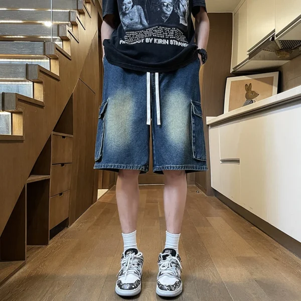 Men's Summer New Style Loose Straight Work Denim Shorts, Basic Versatile Multi-color, Elasticated Washed Mid-length Shorts - Image 4