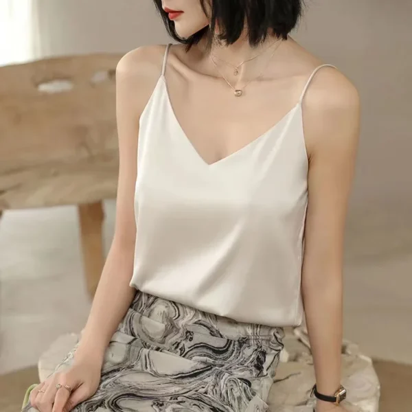 Fashion Strap Top Women Halter V Neck Basic White Cami Sleeveless Satin Silk Tank Tops Women'S Summer Camisole - Image 5