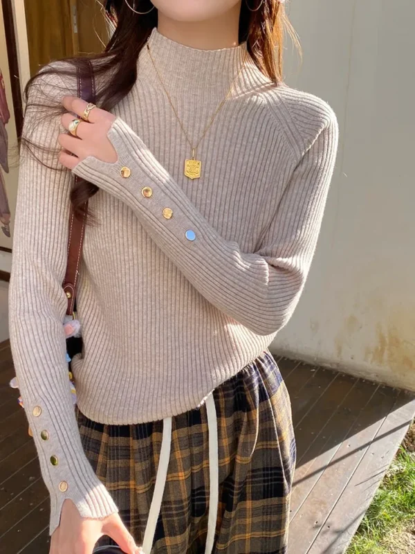 Autumn Winter Sweater Women Pullovers Long Sleeve Tops Clothes Slim Knit Soft Jumper Streetwear Button Turtleneck Sweater - Image 5