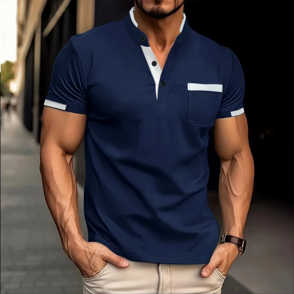 Hot 2024 men's short sleeve Henry T-shirt stand neck pocket solid twill slim athleisure POLO shirt