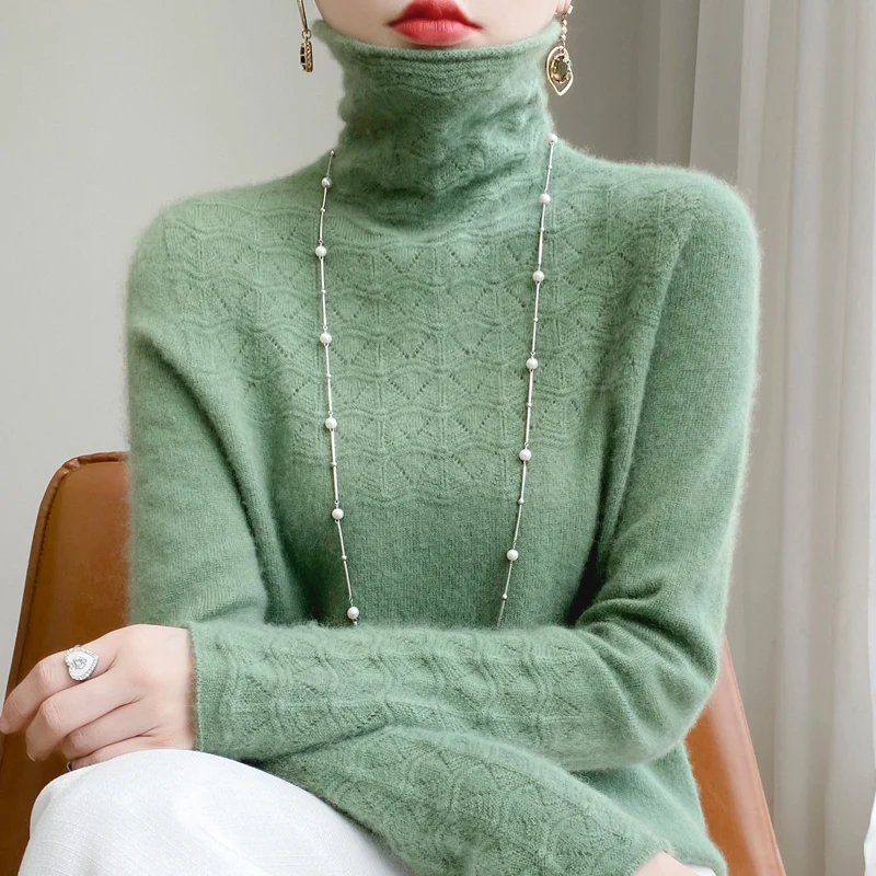 Fashion Cashmere Sweater 100% Merino Wool Pullover Winter High Neck Solid Color Long Sleeved Women's Seamless Hollow Knit Jumper