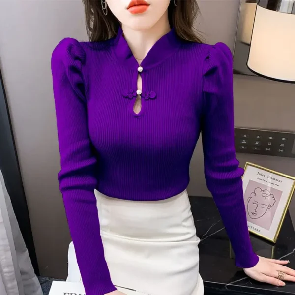 Women's Autumn Winter Fashion Elegant Round Neck Pullover Long Sleeve Solid Color Linen Casual Versatile Western Commuter Tops - Image 5
