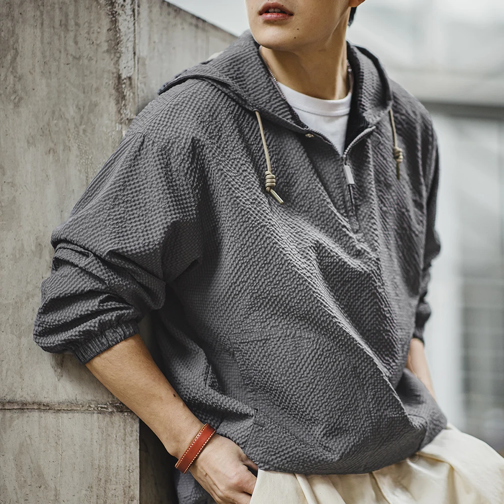 Maden Men Casual Jacket Hooded Hoodies Spring and Autumn Pullover Hooded Jacket Solid Color Gray Clothing for Men Loose Comfort - Image 2