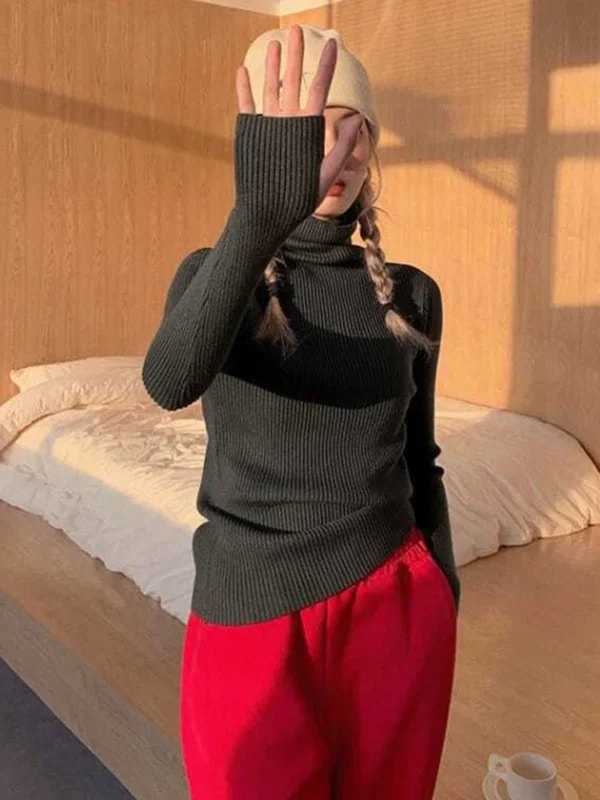 Knitted Sweater Women Korean Version Turtleneck Sweater Winter Solid Color Pullover Slimming Interior Lapping Warm Basic Tops - Image 5