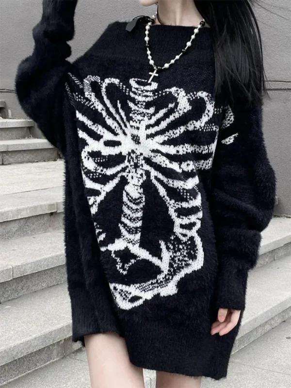 Women's Skull Print Harajuku Sweater Sweater Goth Top Aesthetic Black Pullover Harajuku Fashion Streetwear Top 2000 - Image 4