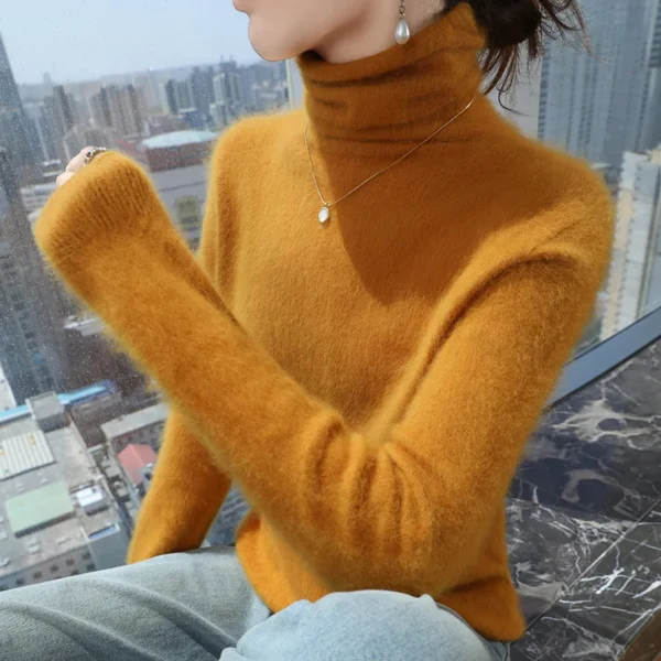 Autumn And Winter New 100% Pure Mink Cashmere Sweater Women's Pile Collar Pullover Slim Sweater Knitted Bottoming Shirt - Image 6
