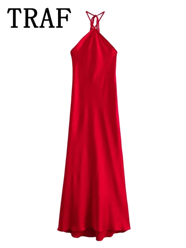 TRAF 2024 Halter Long Dresses for Women Backless Satin Dress Woman Off Shoulder Sexy Midi Dresses Elegant Evening Party Dress - Image 2