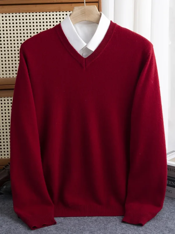 Men 100% Merino Wool Sweater V-Neck Pullover Autumn Winter Cashmere Warm Solid Knitwear Clothes Business Bottoming Soft Tops - Image 5