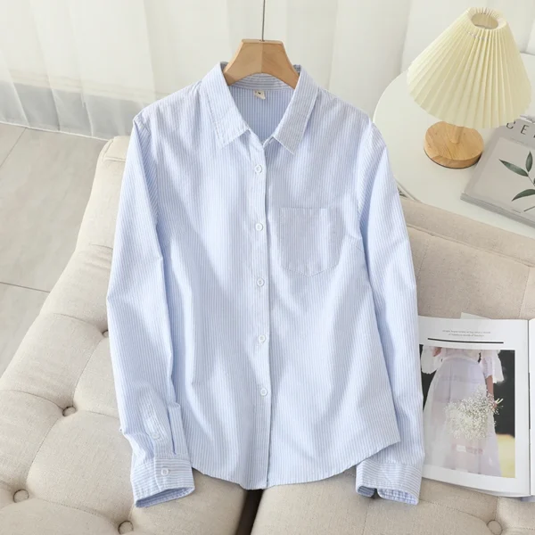Casual Cotton Women's Oxford Shirt 2024 Autumn New Good Quality Woman Blouse and Tops Lady White Blue Striped Shirts Clothes - Image 4