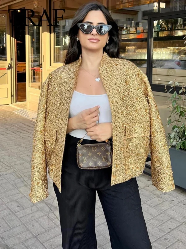 TRAF Women Fashion Shiny Sequin Jacket Y2k Gold Color Stand Collar Long Sleeve Short Coat Autumn Winter Ladies High Streetwear - Image 4