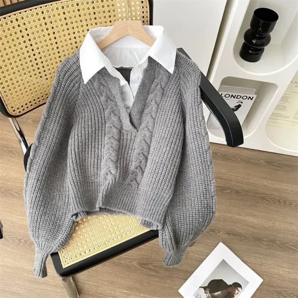 Retro Design with Fake Two Patchwork Sweaters for Women Long Sleeve Solid Loose Vintage Pullover Top Fashion Casual Fall Winter - Image 3