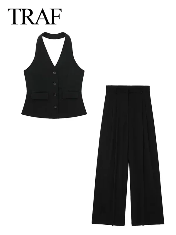 TRAF Women 2 Piece Set Halter Neck Single-Breasted Pocket Sleeveless Halter Vest Tops+High Waist Zipper Pockets Wide Leg Pant - Image 4