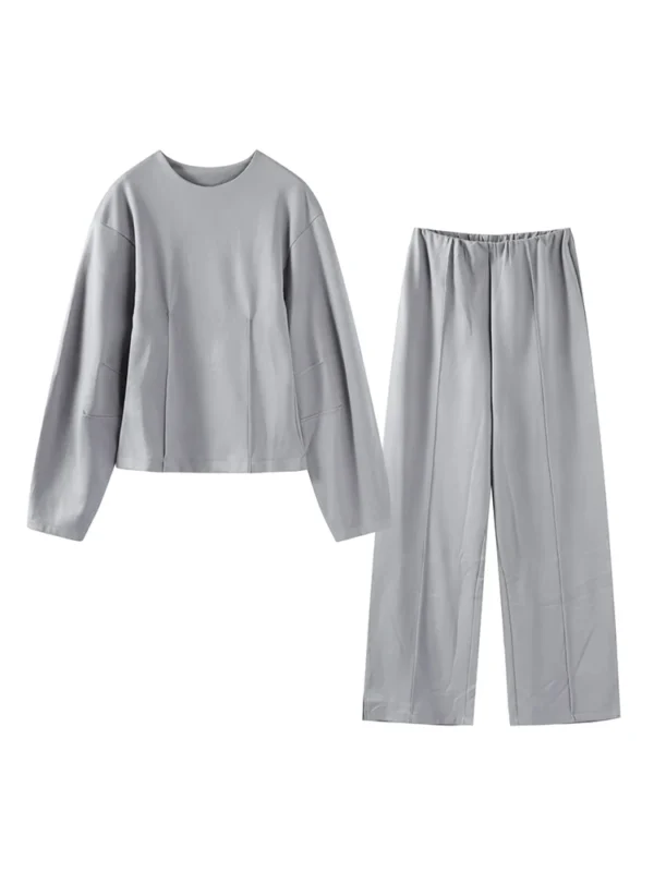 Casual Solid Top Pants Women Set Fashion Long Sleeve O-neck Pleated Tops Wide Leg Trousers 2024 Autumn Vacation Lady Suit - Image 6