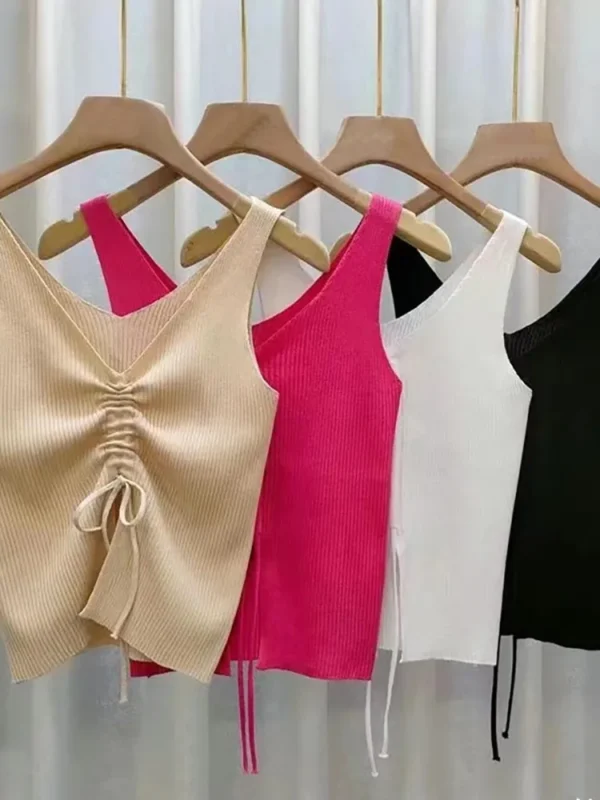 New Summer Women Drawstring Front Ribbed Knit Tops Femme Sexy V Neck Sleeveless Crop Top Clothes High Stretch Split Cropped Tank - Image 5