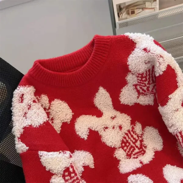 Red Rabbit Sweater Women Zodiac Year Western Style Autumn and Winter New Loose Lazy Style Knitted Sweater Top - Image 3