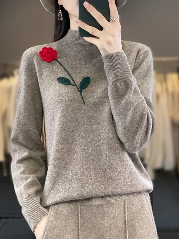 Hand Embroidered Cashmere Sweater Women's High Neck Knit Top Rose Crochet Soft Loose Wool Pullover Winter Keep Warm Sweater 2024 - Image 5