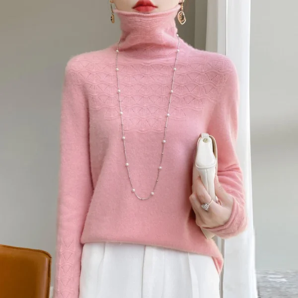 Autumn and Winter Sweater Women's Loose Stacked Collar Bottom Shirt Hoodie Long Sleeve Hollow Warm Versatile Knitted Sweater - Image 6