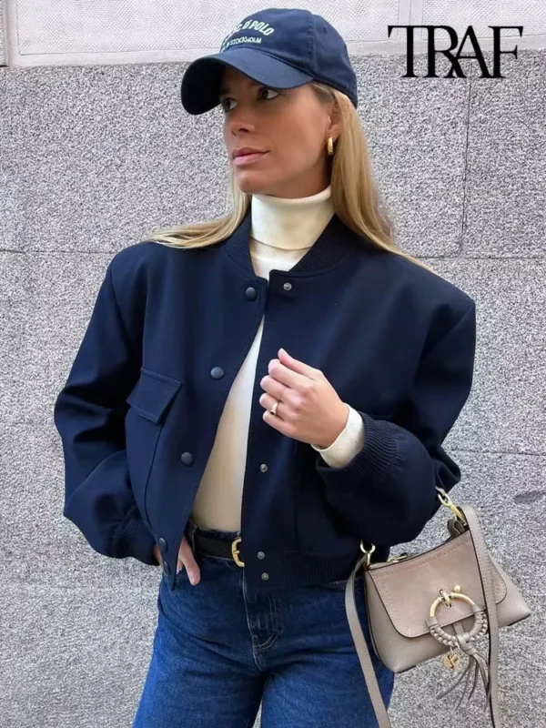 TRAF Women Fashion With Pockets Bomber Jacket Coats Vintage Long Sleeve Front Button Casual Female Outerwear Chic Tops - Image 3