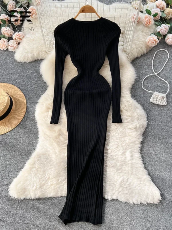 SINGREINY Winter Women Knit Maxi Dress O Neck Autumn Long Sleeve Slim Solid Harajuku Ladies Fashion Pencil Sweater Long Dresses - Image 4