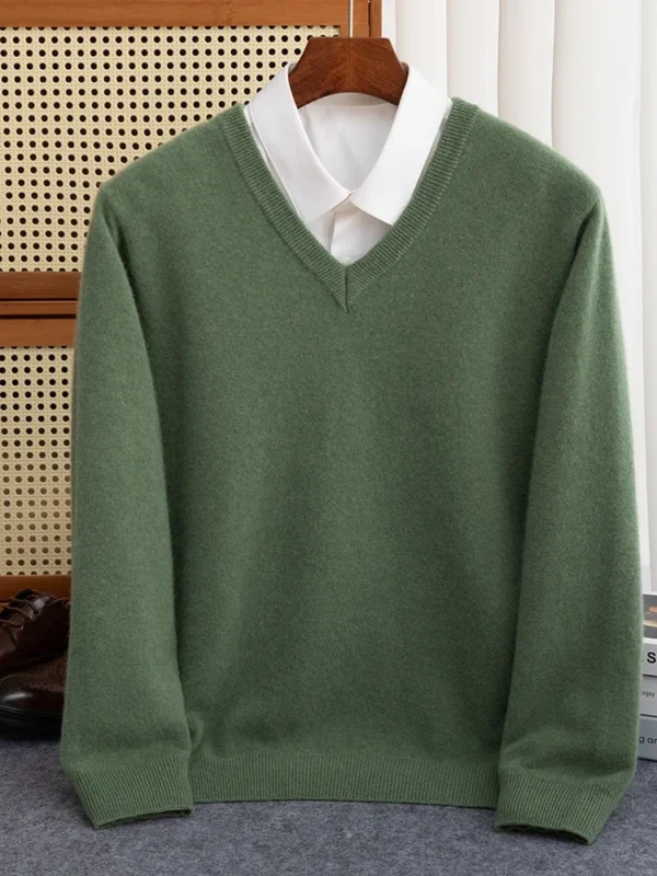 Men 100% Merino Wool Sweater V-Neck Pullover Autumn Winter Cashmere Warm Solid Knitwear Clothes Business Bottoming Soft Tops - Image 4