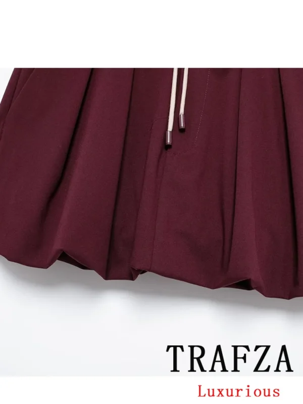 TRAFZA Vintage Casual Chic Bordeaux Red Women Suit Turn-down Collar Zipper Jacket Drawstring Mini Skirt Fashion 2024 Autumn Suit - Image 6