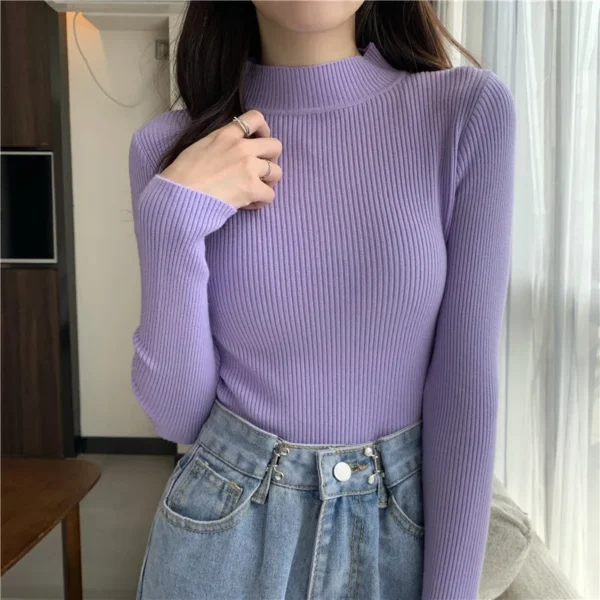 zjaiss 2024 Autumn Basic Bottoming Sweater Top Women Ribbed Soft Mock Neck Elastic Pullover Warm Solid Color Slim Jumper - Image 2