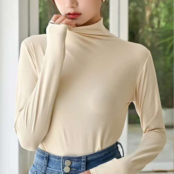 Autumn Women Long Sleeve T-shirt Pullovers Tops Casual Solid Mock Neck Thin Women Long Sleeve Pullovers Female Slim Inner Tops - Image 3