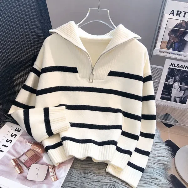Sweater Pullover Women Spring and Autumn Underwear 2023 New Zipper Stripe Underlay Short Style Popular Premium Sweater Female - Image 2