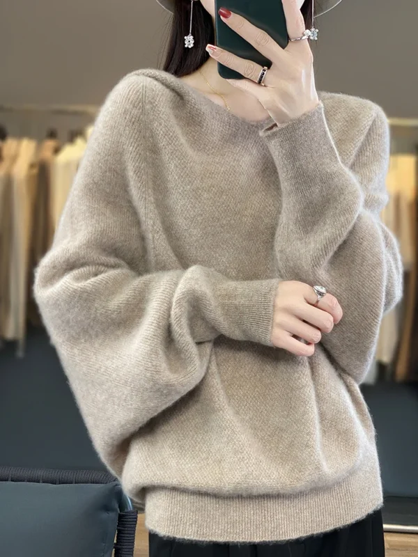 2025 Autumn Winter Light Luxury Women's Sweater Casual Hoodie 100% Merino Wool Long Sleeve Cashmere Knitted Pullover Korean Top