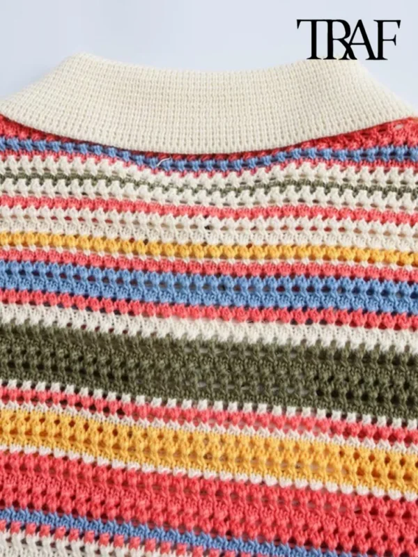 TRAF-Women's Striped Crochet Knit Crop Sweater, Polo Collar, Short Sleeve, Button-up, Female Outerwear, Chic Tops, Fashion - Image 5