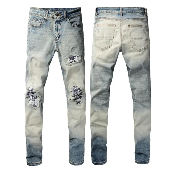 High Street Fashion Men's Jeans Vintage Elastic Tight Split Jeans Men's Blue Hole Red Patch Designer Hip Hop Brand Pants Homer - Image 5
