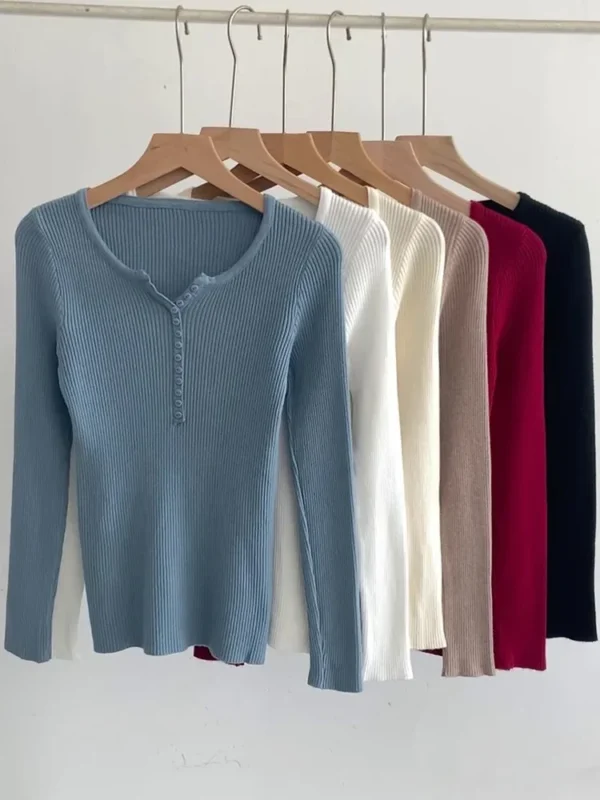 2024 Autumn Winter Button V Neck Sweater Women Basic Slim Pullover Women Sweaters And Pullovers Knit Jumper Soft Warm Tops - Image 2