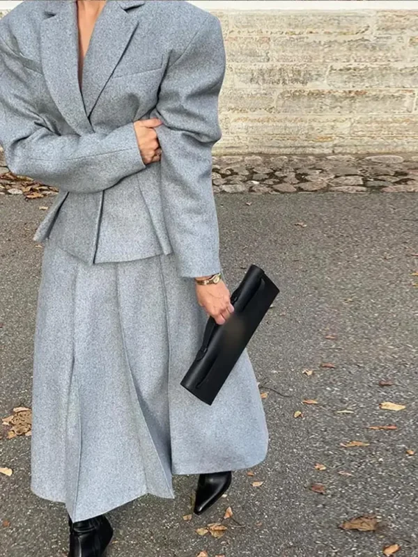 Women Fashion Solid Woolen Skirt Suits Elegant Stand Collar Full Sleeve Coat Loose Pleated Long Skirts Set Fall Chic Lady Outfit - Image 6
