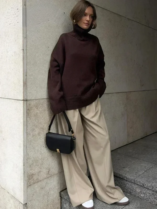 2024 New Autumn Winter Women Knitted Red Sweater High Street Vintage Oversized Loose High Collar Pullover Warm Jumper Sweaters - Image 4