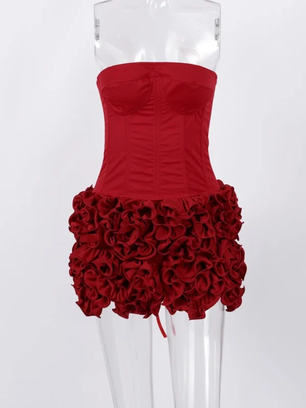 Sexy Red 3D Flowers Dress Suits Women Fishbone Bandage Adjustable Tube Top Flower Mini Skirt Suit Party Club Lady Outfits 2024 - Image 4