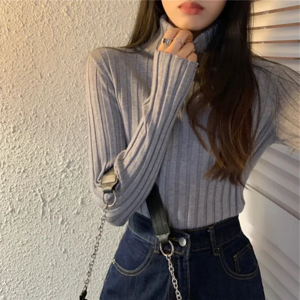 2024 Women Pullover Ribbed Knitted Sweater Autumn Winter Pullovers Turtleneck Long Sleeve Slim Basic Solid Female Sweaters Tops - Image 4