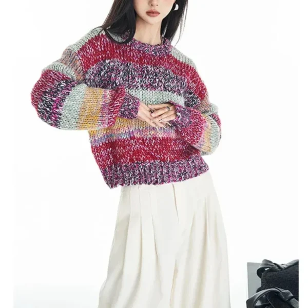 Striped Multi Color Sweater Knitted Crew Neck Jumper Drop Shoulder Rainbow Knitwear Autumn/Winter Woman Clothing - Image 2