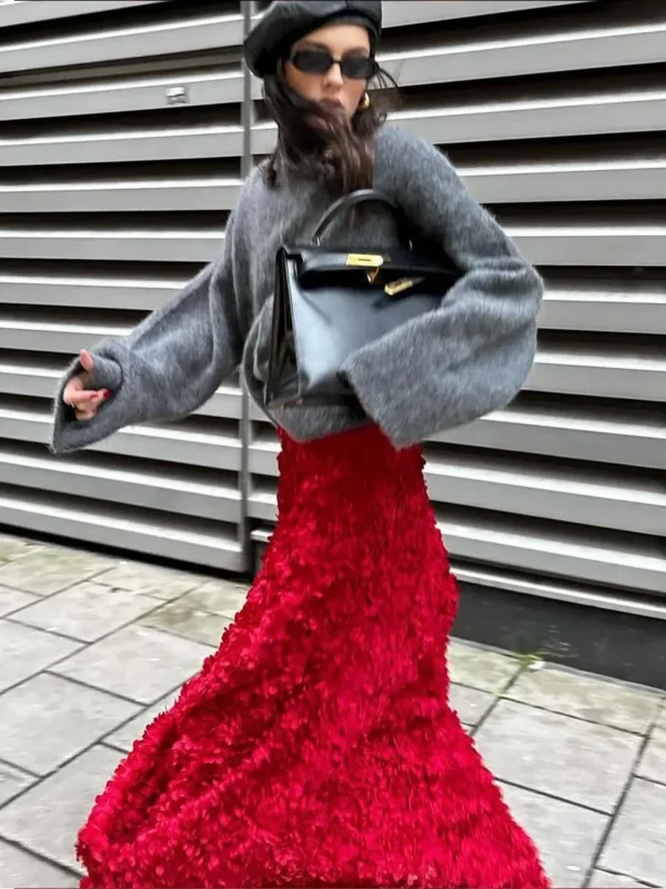 Bornladies Winter Red Fashion Long Petal Skirt Women's Design Inspired Evening Gown Elegant Lady Unique High Waisted Skirt - Image 5