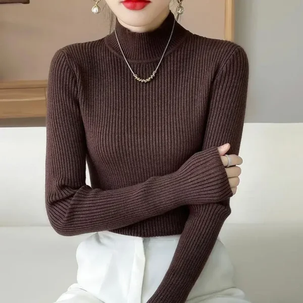 2025 New Spring and Autumn Women's Knitted Sweater, Slim Fit Half High Neck Pullover Sweater, Slim Fit Warm Bottom Sweater - Image 4