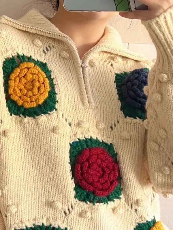 Women Vintage Flower Crochet High Neck Long Sweater 2024 Fall Winter Loose Jumper Cozy Sweater Retro Outfit - Image 2