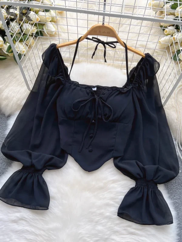 SINGREINY Flare Sleeve Women Tops Ruffle Solid Elastic Waist Halter Backless Chiffon Slim Ladies Harajuku Sexy Short Blouse - Image 3