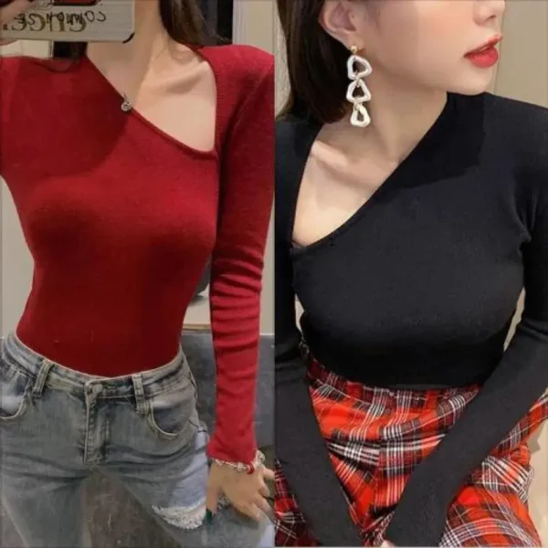 Fashion Irregular Diagonal V Neckline Knitted Sweater Women Slim Knitwear Y2k Tops