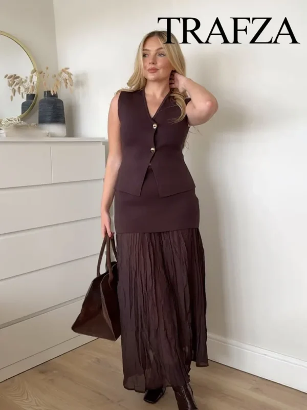 TRAFZA Women 2 Piece Set V-Neck Sleeveless Button Knitted Vest Top+Elegant Splicing High Waist Zipper Long Skirts Holiday Suits - Image 4