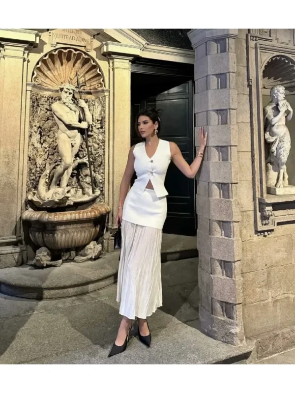 TRAF Women Knitted Sets Loose Skirt Set 2 Pieces 2024 Summer Button V-neck Vest Top Ankle-Length Skirt Lady Street Outfit - Image 5