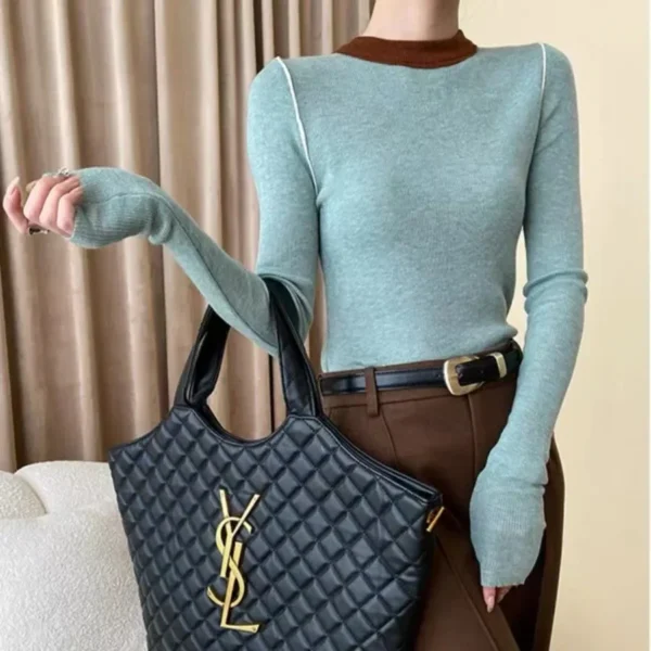 Women's Supple Color Blocking Base Layer Top Round Neck Knit Sweater High-End Feel Long Sleeves O Neck Pullovers