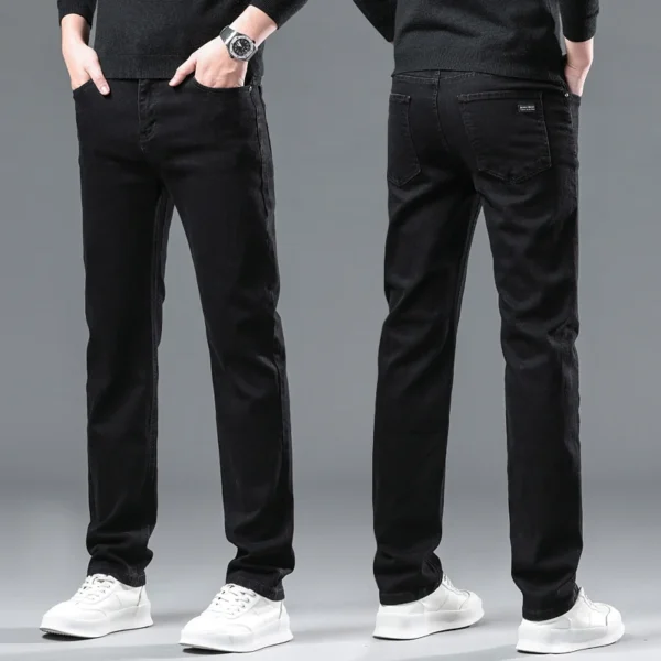 2024 New Winter Pure Black Fleece Thick Warm Jeans Men's loose Straight Elastic Denim Pants classics Casual Plush Trousers - Image 3