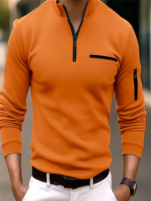 Spring and autumn new fashion men's casual cotton long sleeve Polo shirt pocket zipper standing collar men's shirt Polo