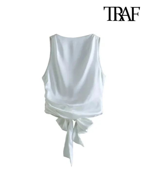 TRAF Women Sexy Fashion With Tied Satin Back Open Crop Blouses O Neck Sleeveless Female Shirts Blusas Chic Tops - Image 4