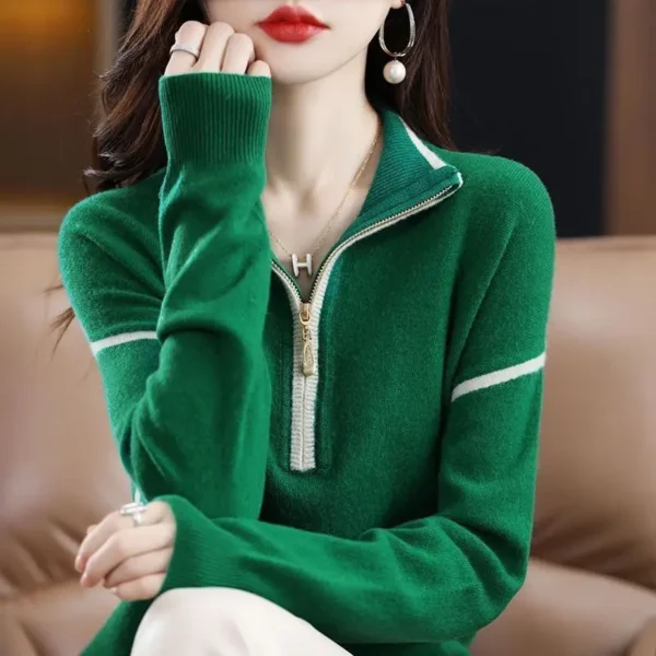 Ladies Fashion Zipper Turn-down Collar Long Sleeve Sweater Coat Autumn Winter All-match Patchwork Knitting Pullovers Top Tee - Image 6